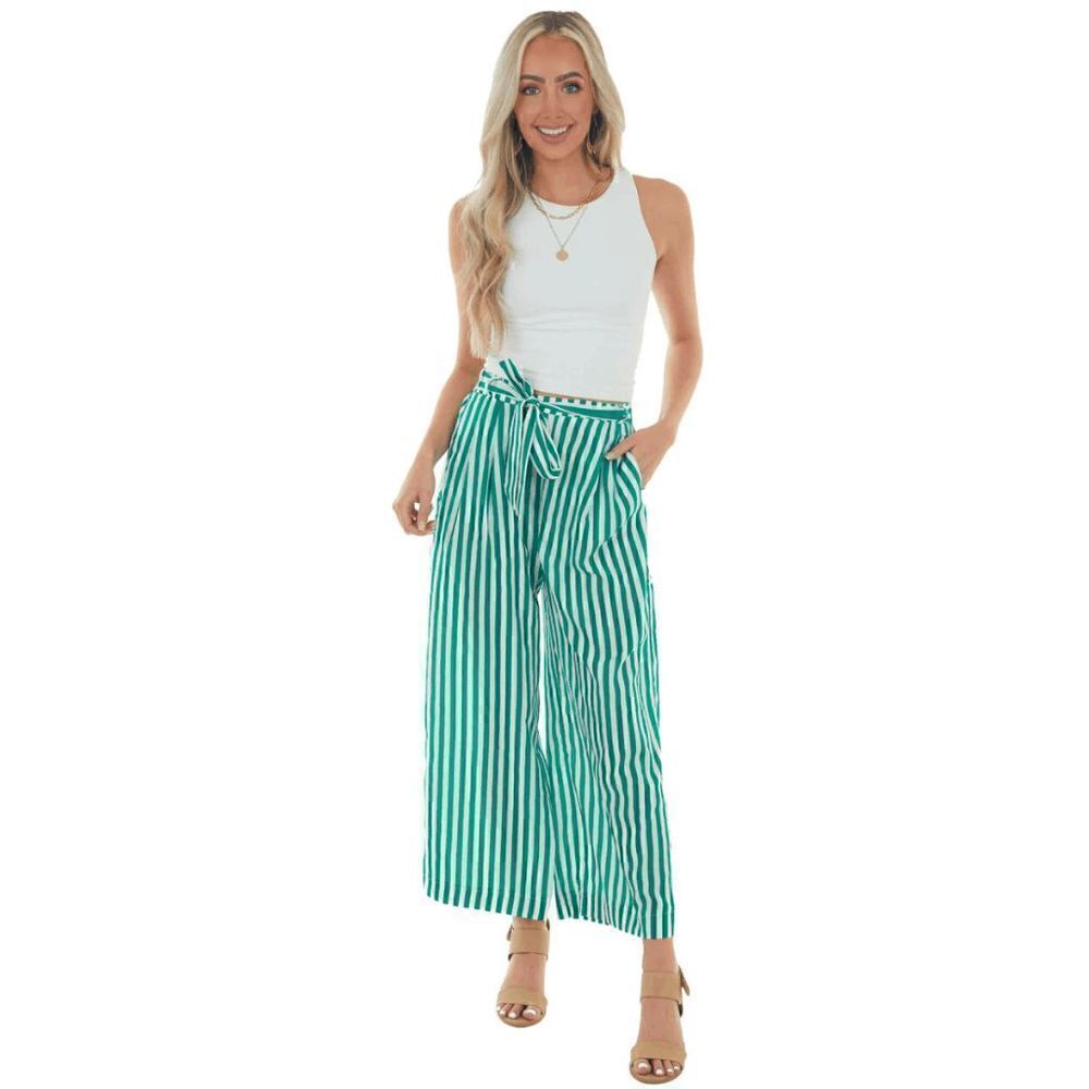 NWT Lime Lush Green Jade Striped Waist Tie Wide Leg Woven Pants